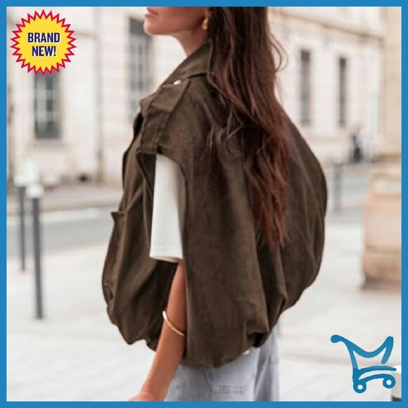 Faux Suede Cropped Bomber Vest, Oversized Fit, Lapel Collar, Zip Closure - Picture 6 of 8